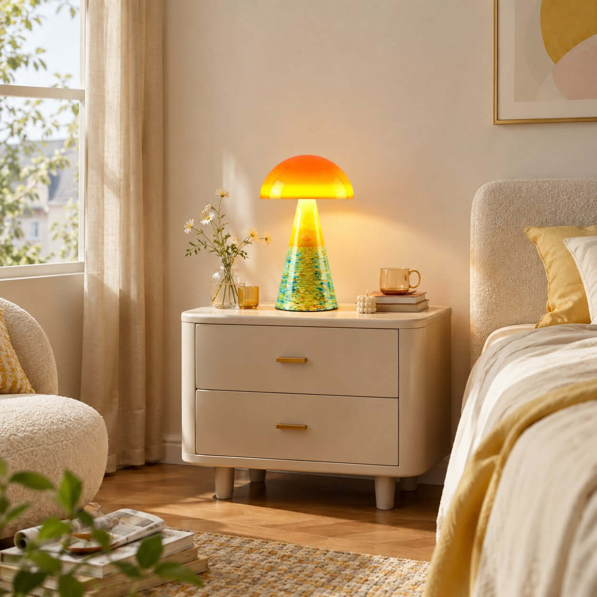 Clérachic table lamp with a green and yellow base, lit on a cream bedside chest, with a vase of small flowers and a made bed.
