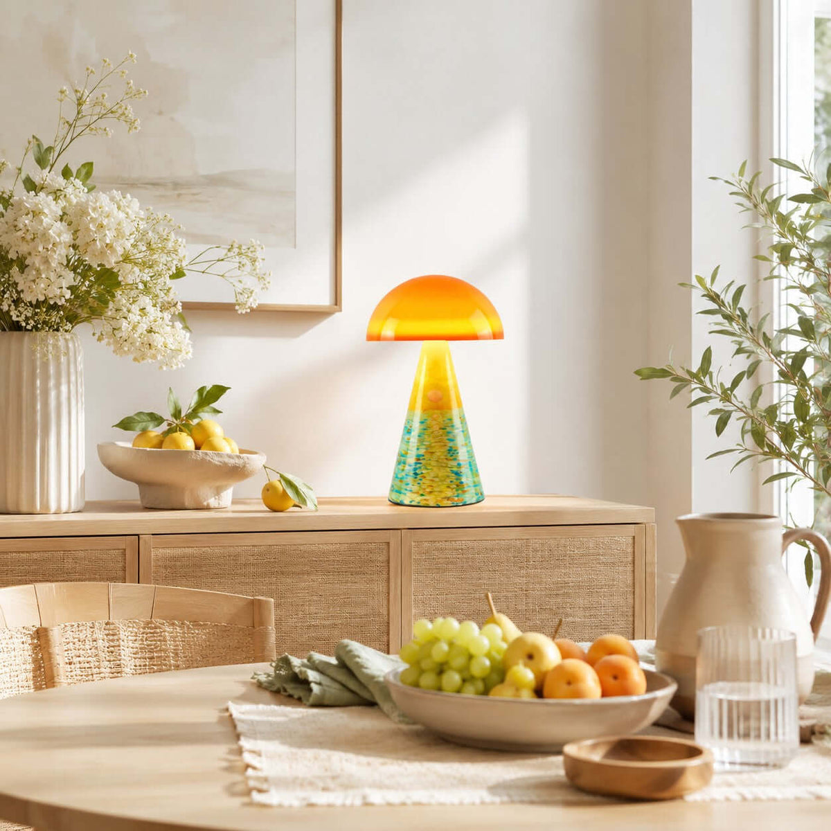 A Clérachic mushroom lamp on a rattan-front sideboard, with white flowers in a ribbed vase and a bowl of lemons.