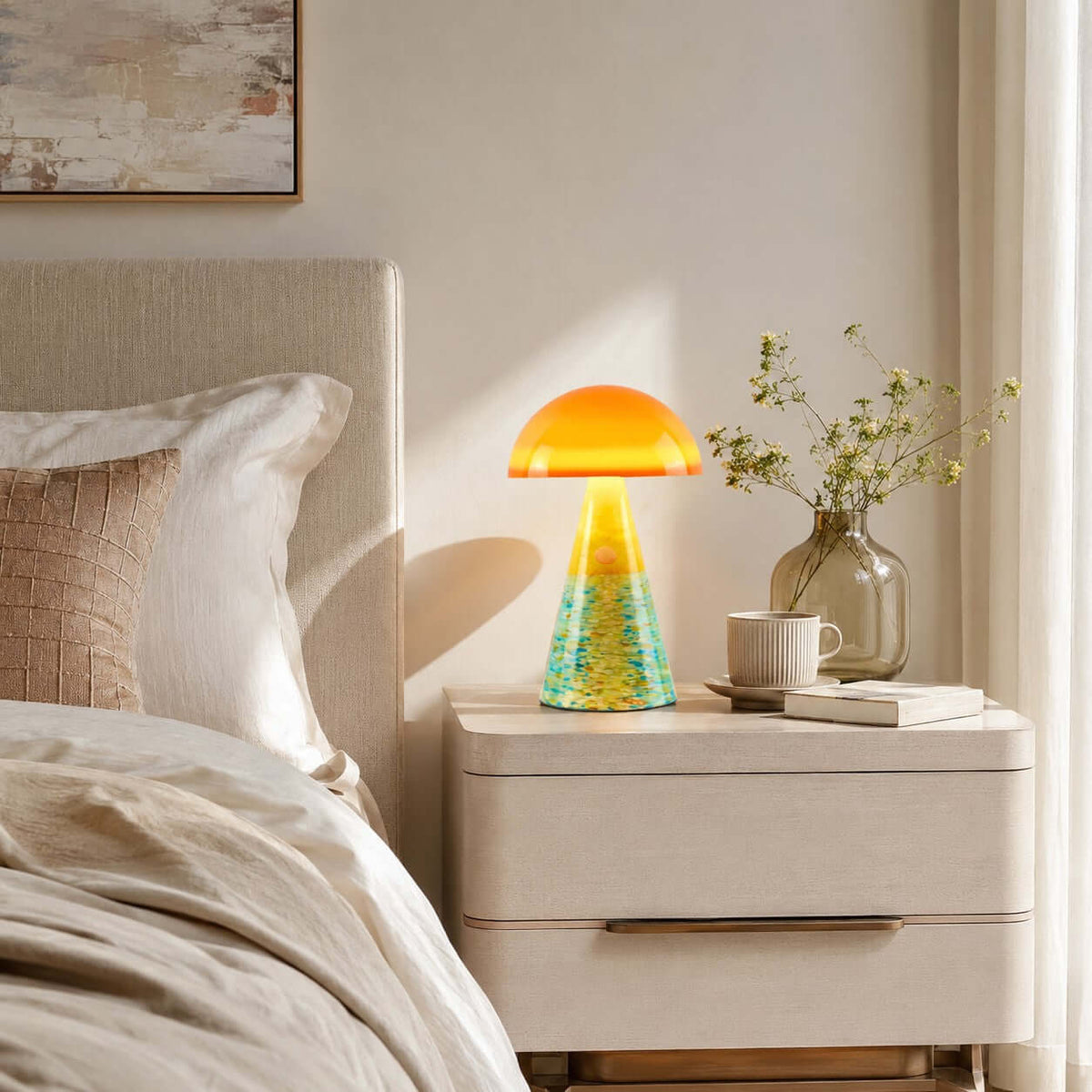 Lit Clérachic table lamp with a turquoise and yellow base on a white bedside table, beside a teacup and a glass vase of twigs.