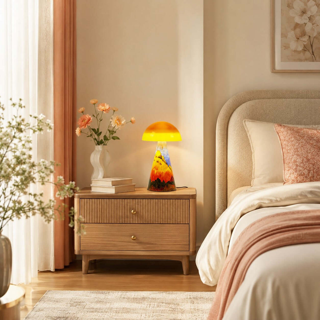 Clérachic table lamp lit on a wood bedside chest with fluted drawers, with a bed in pink linen and a vase of orange flowers.