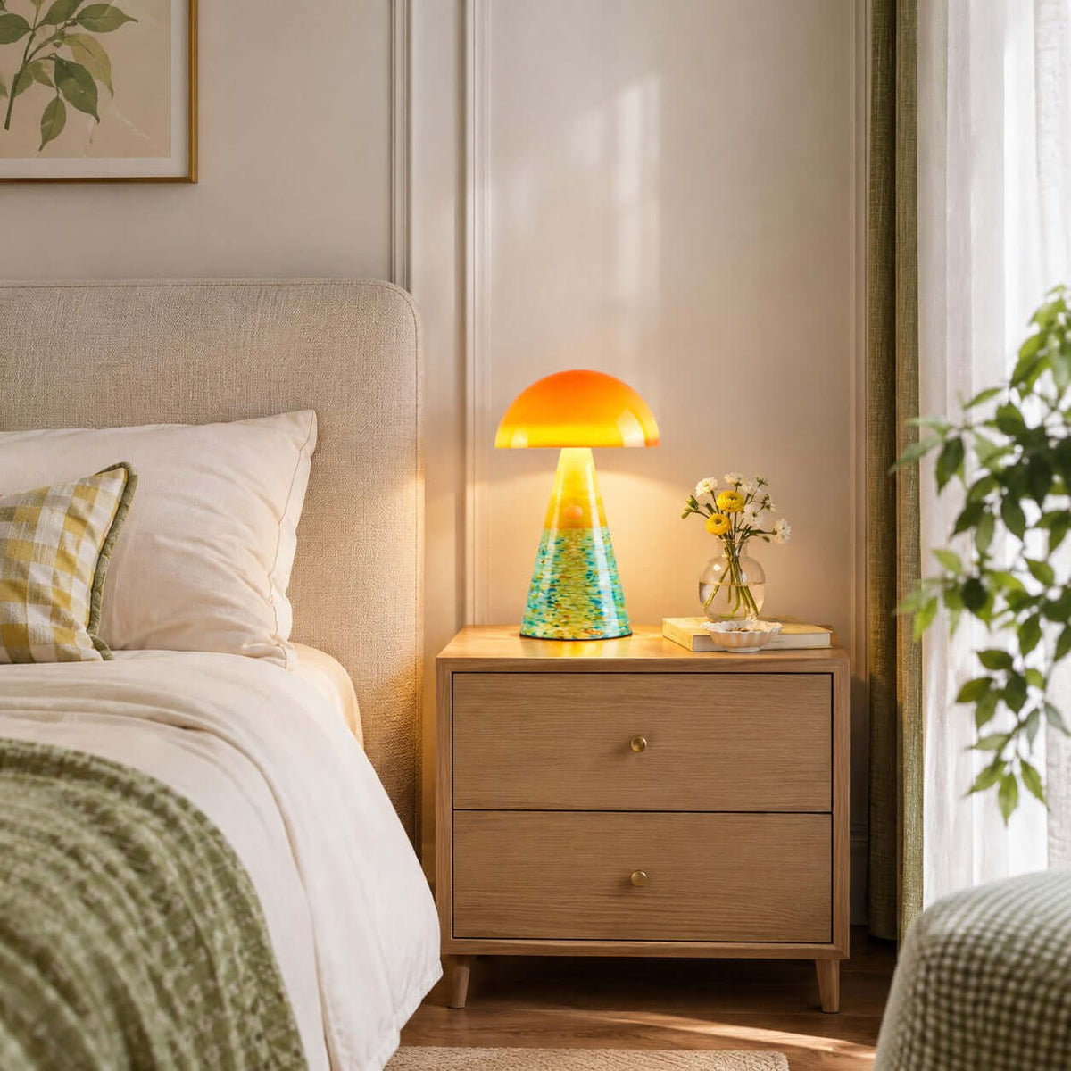 A small lit Clérachic mushroom lamp with a green-yellow base on a wood bedside chest, with a bunch of yellow flowers beside it.