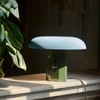 Pale blue shade and green base on this Clérachic table lamp, set on a pale stone worktop beside a large leafy plant.