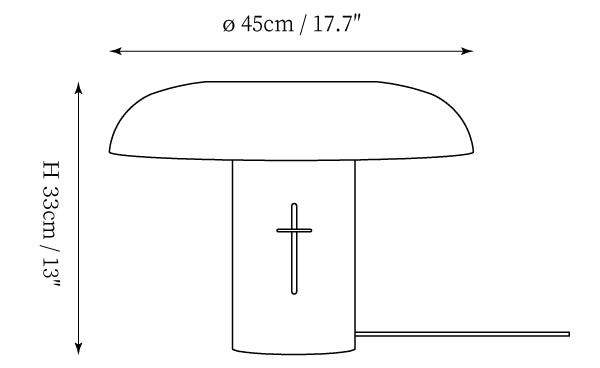 Clérachic table lamp dimension drawing, every measurement marked in centimetres and inches.
