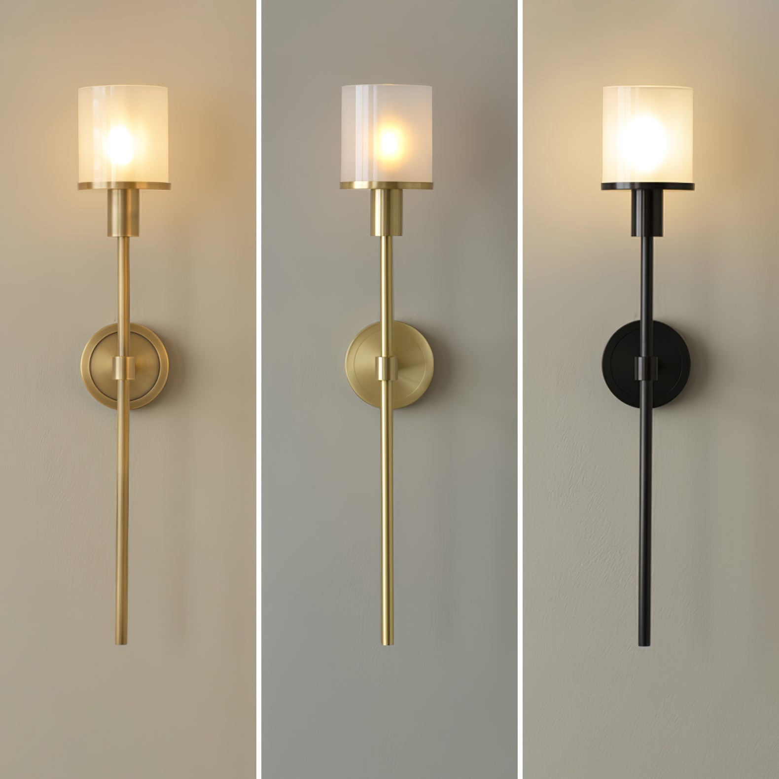 The Clérachic Mycara shown in all three body finishes side by side, each under a lit fluted glass shade.