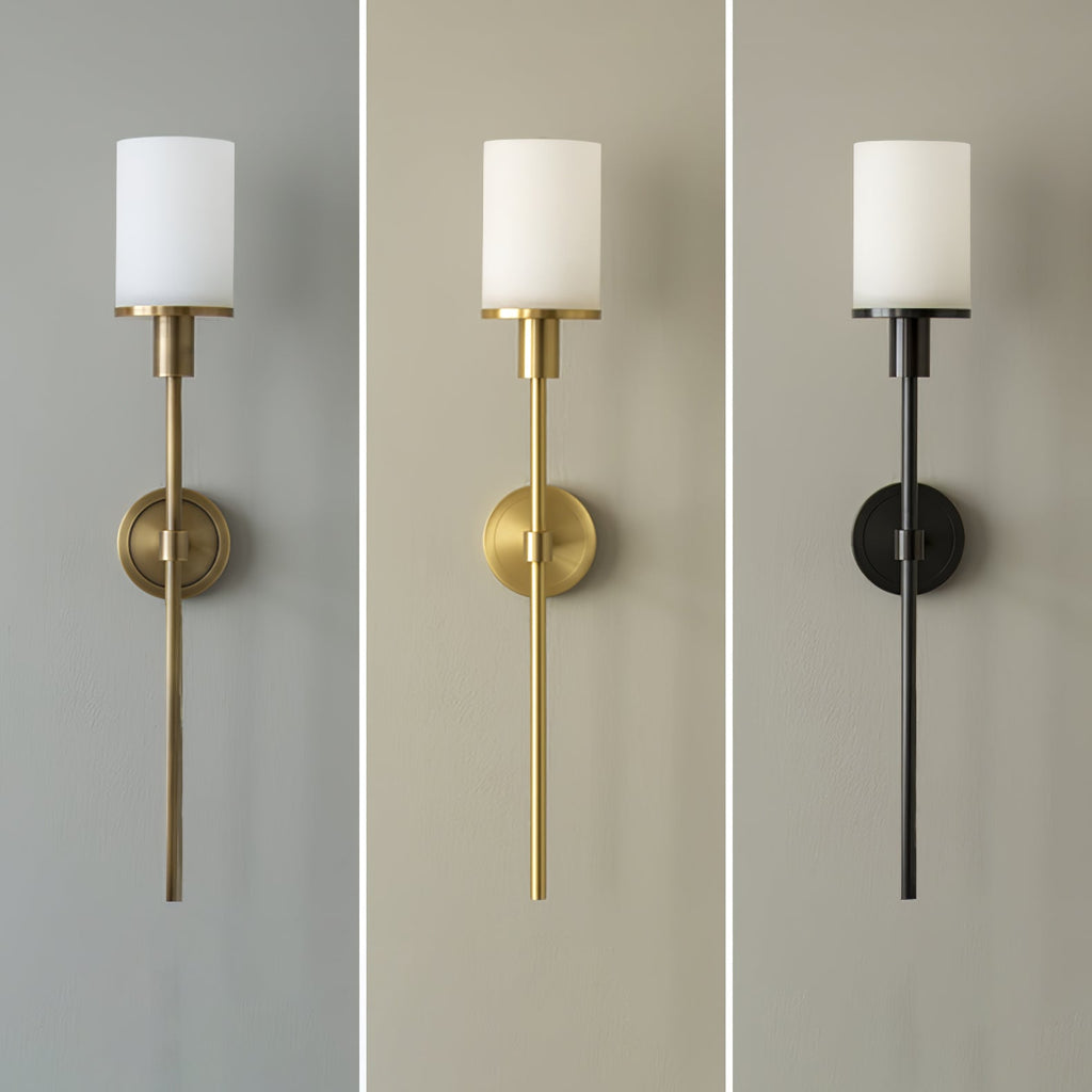 The Clérachic Mycara with alabaster shades in antique copper, copper and black, shown unlit side by side.
