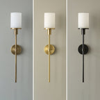 The Clérachic Mycara with alabaster shades in antique copper, copper and black, shown unlit side by side.