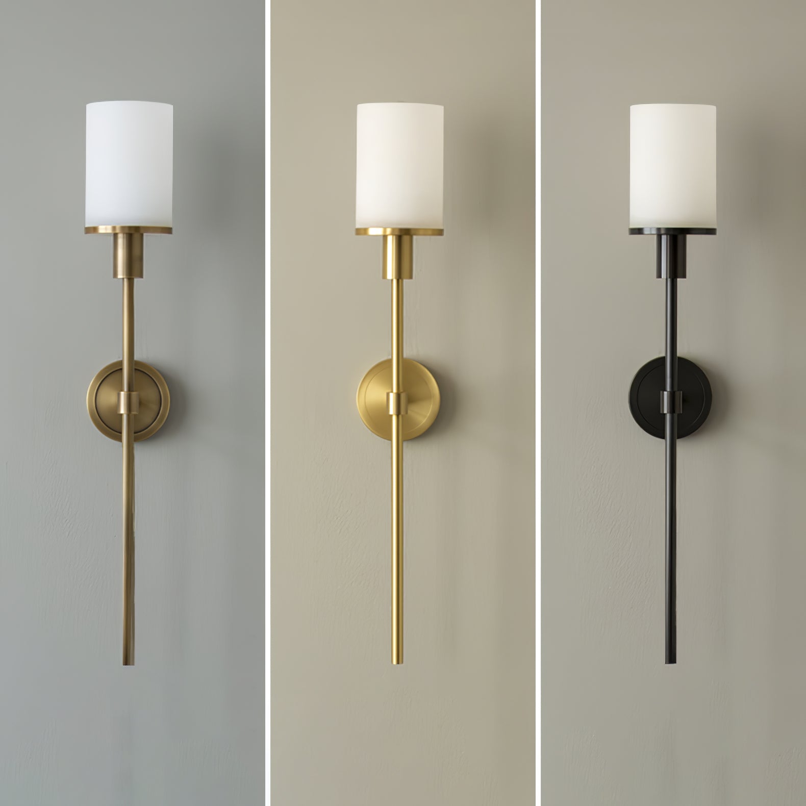 The Clérachic Mycara with alabaster shades in antique copper, copper and black, shown unlit side by side.