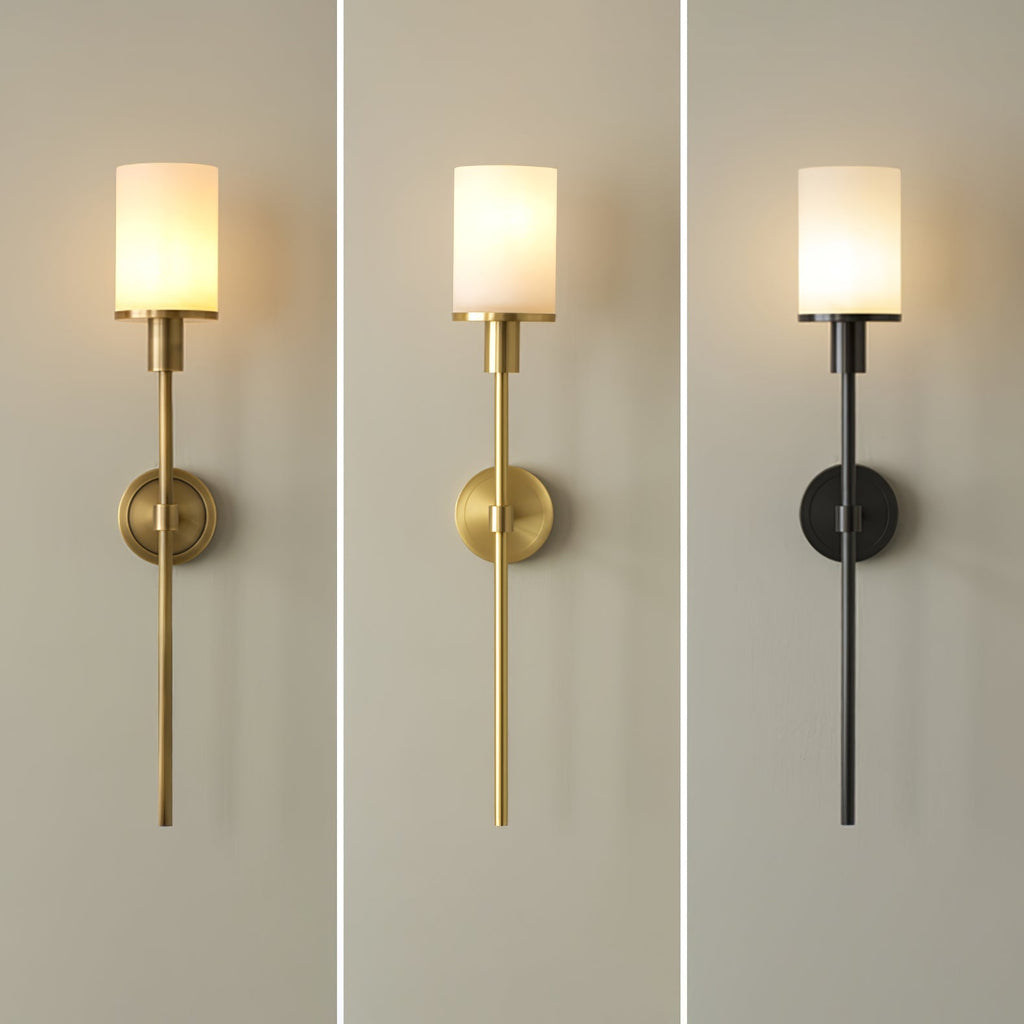 Clérachic Mycara in three finishes with glass shades, all lit, so the warm output compares at a glance.