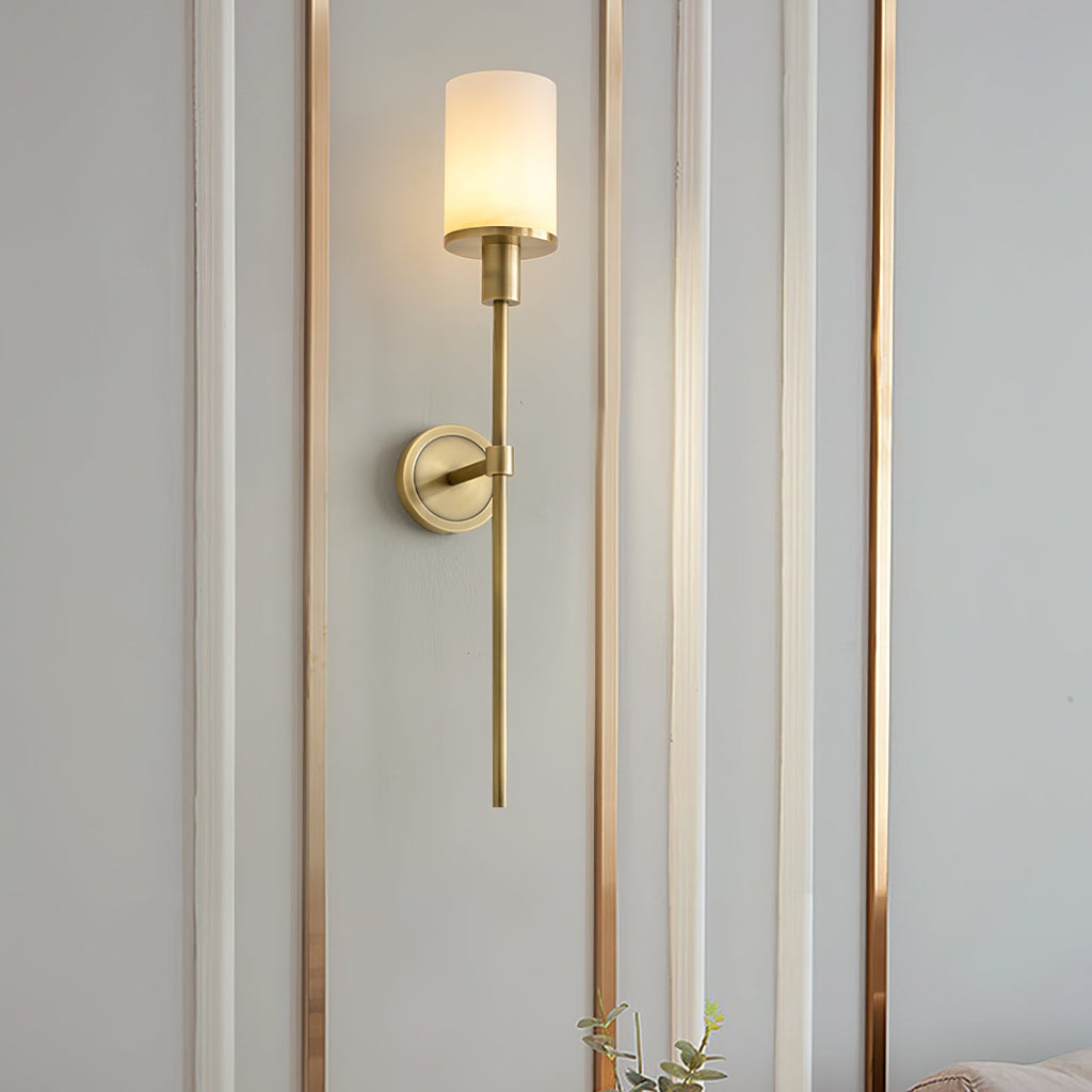 The Clérachic Mycara with alabaster shade on a white panelled wall traced with slim copper trim lines.