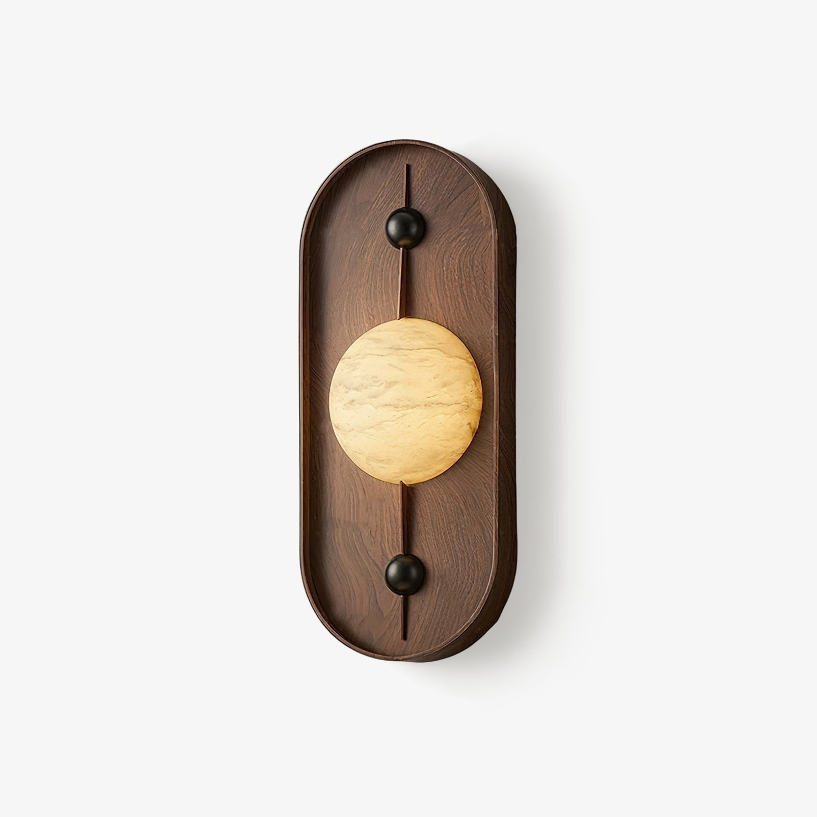 The smaller 20 cm Clérachic size photographed on white, its alabaster orb glowing against a compact walnut oval.