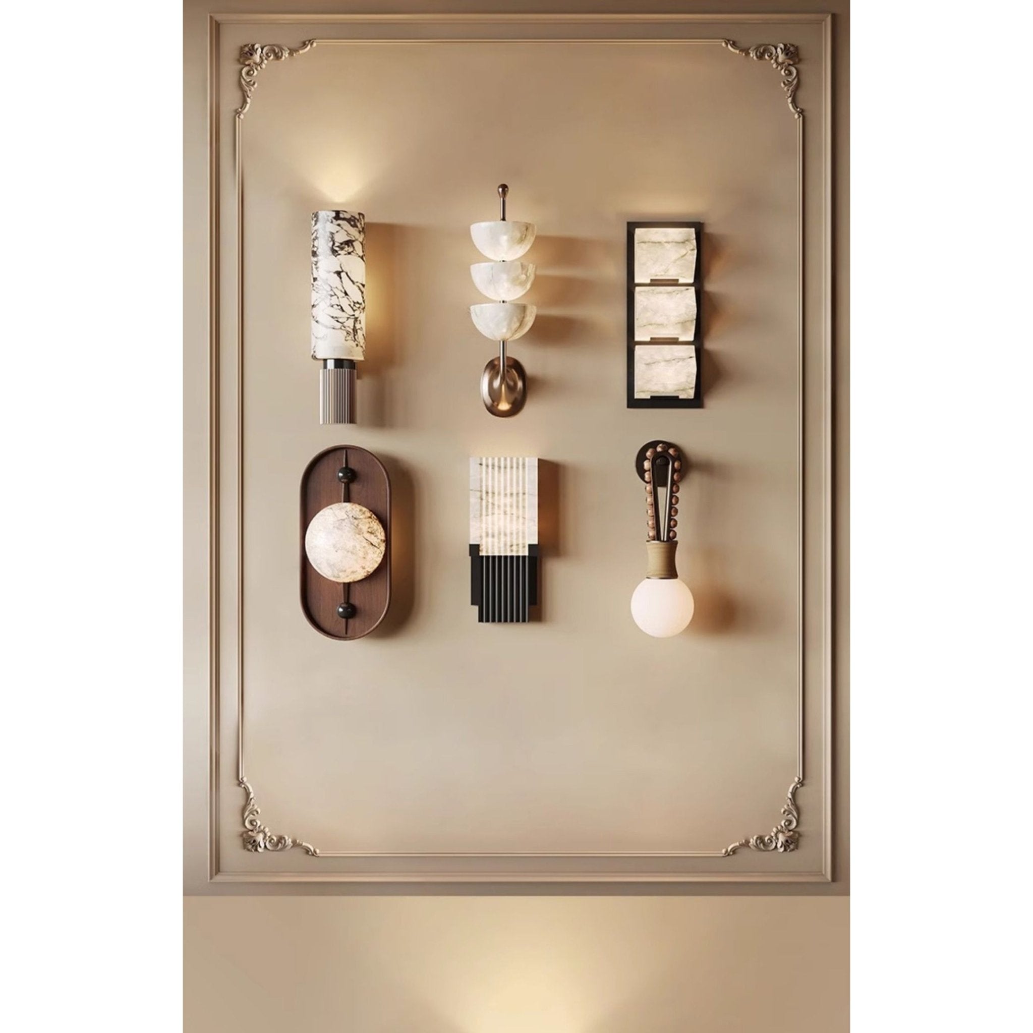 The Clérachic oval sconce on a showroom wall, grouped with other fixtures that give a sense of its scale.