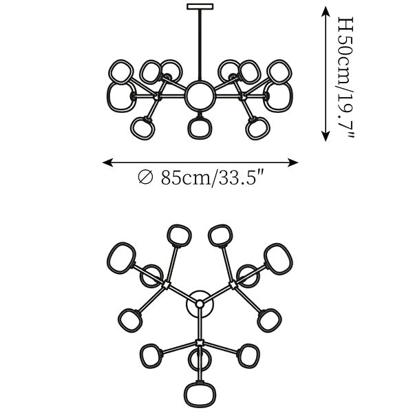 Dimension drawing of this Clérachic chandelier in its 50 cm height, with its height and width marked in side and plan views.