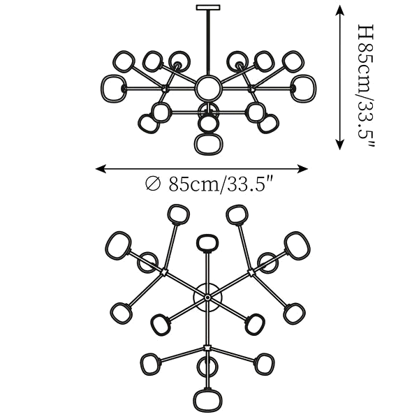 Dimension drawing of this Clérachic chandelier in its 85 cm height, with its height and width marked in side and plan views.