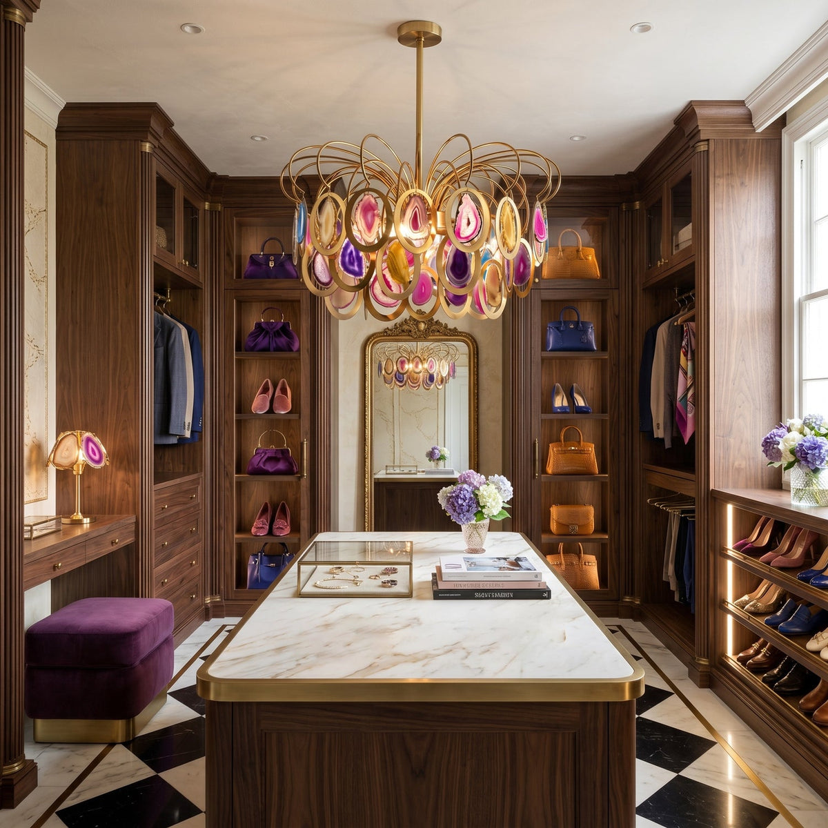 A Clérachic agate chandelier hanging over a marble-topped island in a walnut dressing room with shoe shelves and a purple stool.