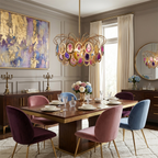 Clérachic multicolour agate chandelier above a walnut dining table set with plush velvet chairs in plum, rose and blue.
