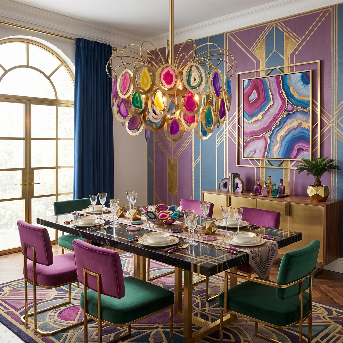 This Clérachic chandelier lit over a black dining table, with magenta and green velvet chairs and a purple and gold geometric wall.