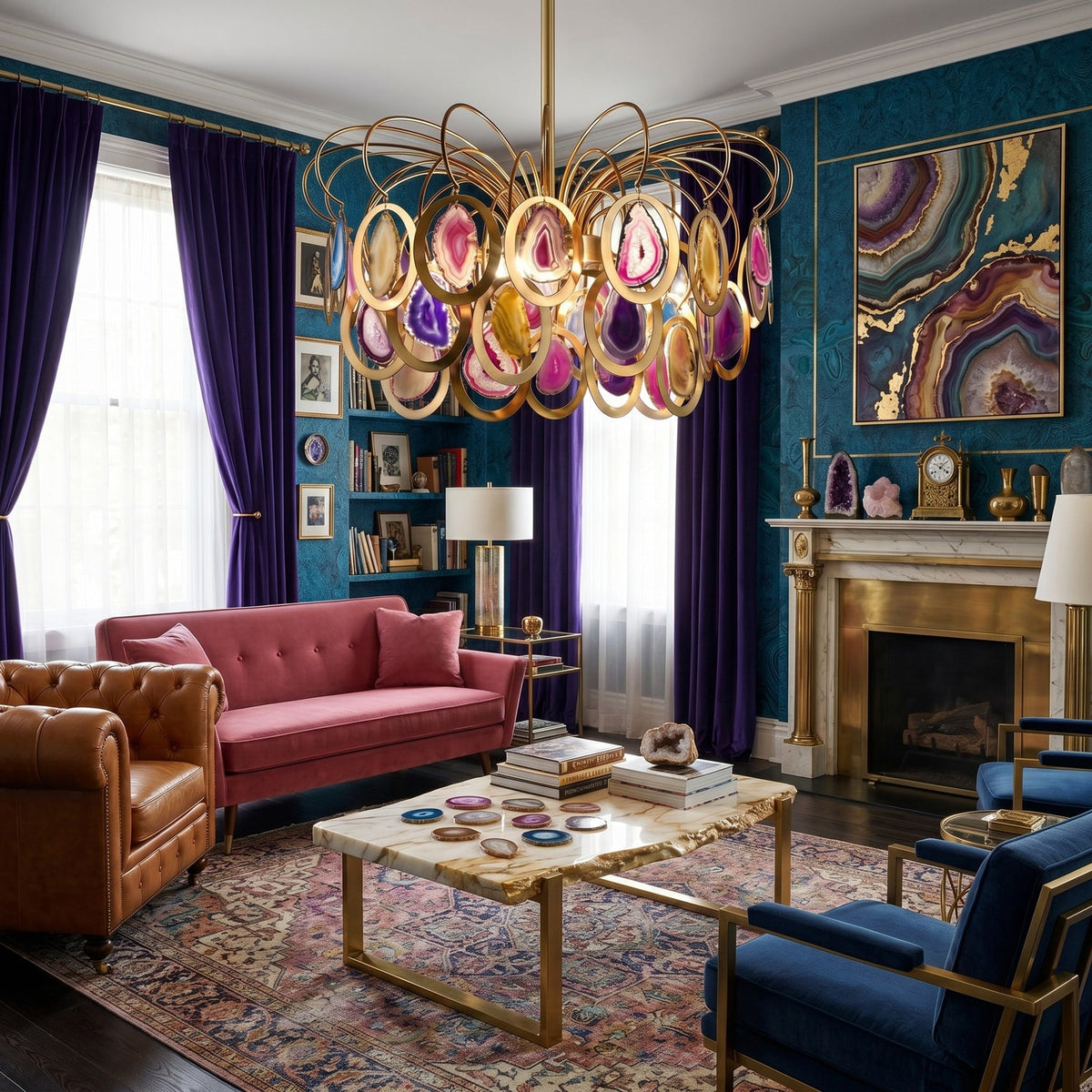 Clérachic gold and multicolour chandelier hung in a teal-walled sitting room, with a fireplace, a pink sofa and a marble coffee table.