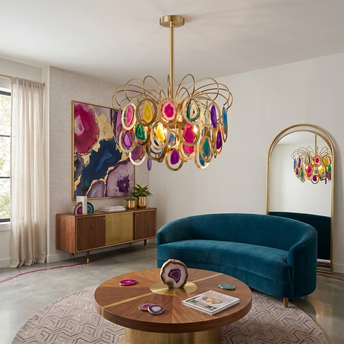 Clérachic agate chandelier in a bright living room with a teal curved sofa, a round wooden table and an arched mirror reflecting it.