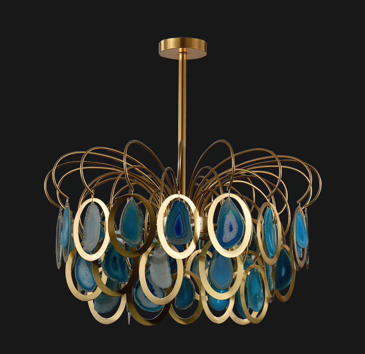 Closer view of the blue version of this Clérachic chandelier on black, showing the gold rings and the teal agate slices.