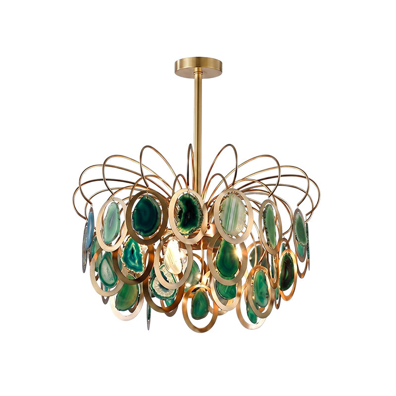 The green version of this Clérachic agate chandelier on white, with deep green and pale jade slices in gold rings.