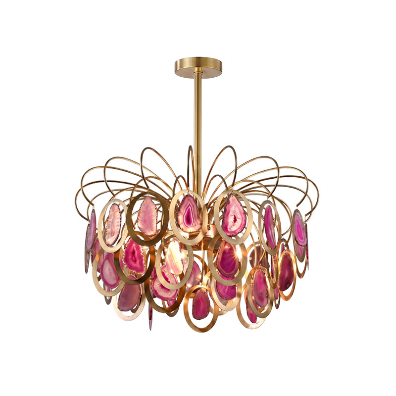 The pink version of this Clérachic agate chandelier on white, with rose and blush agate slices in gold rings.