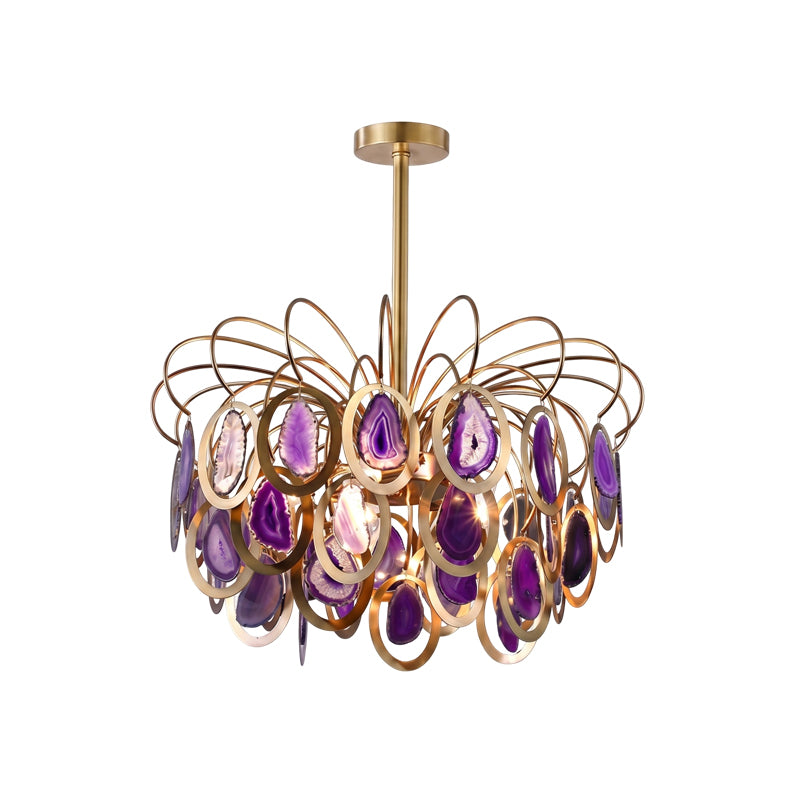 The purple version of this Clérachic agate chandelier on white, with violet and lilac slices in gold rings.