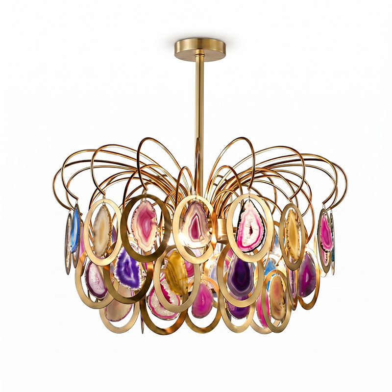 The multicolour Clérachic chandelier on white, seen closer, with pink, violet, amber and blue agate slices in gold rings.