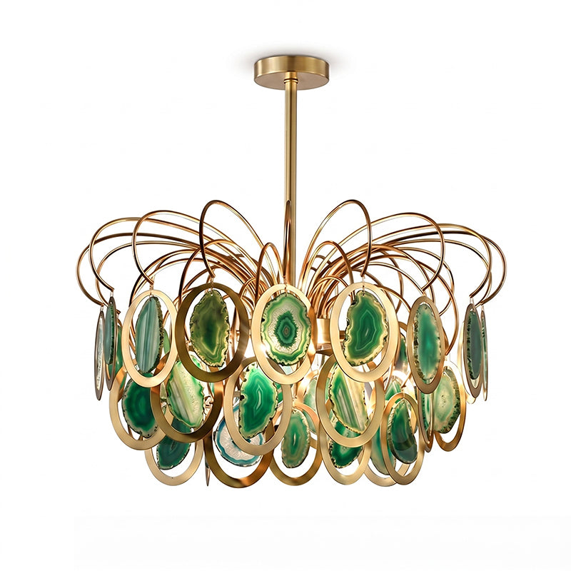Closer view of the green Clérachic agate chandelier, its emerald and jade slices set in polished gold rings, on white.
