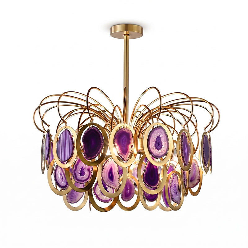Closer view of the purple Clérachic agate chandelier, with violet and mauve agate slices in gold rings, on white.