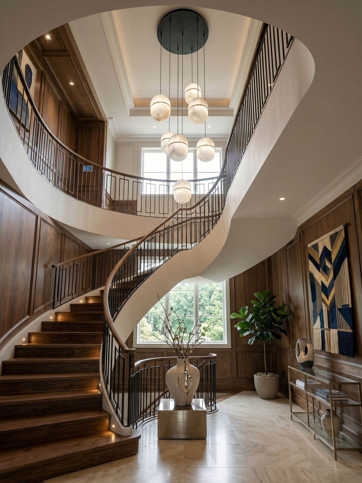Looking up a curved timber staircase to a group of Clérachic alabaster pendants hanging from a black round canopy.