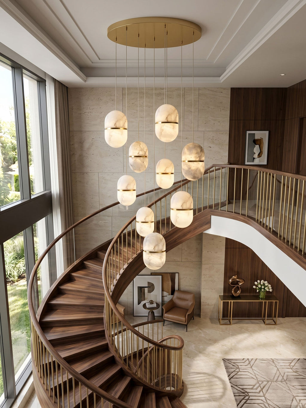 Seen from above, a cascade of Clérachic alabaster pendants hung from a round gold canopy beside a spiral staircase and tall windows.