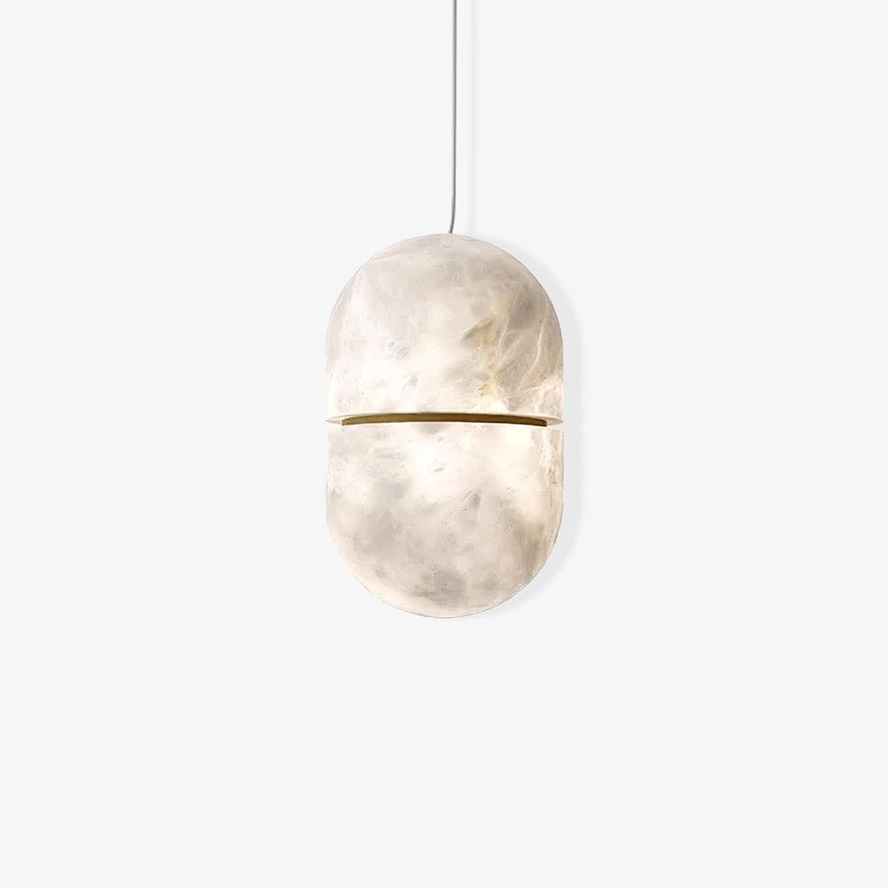 A Clérachic alabaster pendant on a plain white backdrop, with its soft veining and a slim gold band at the centre.