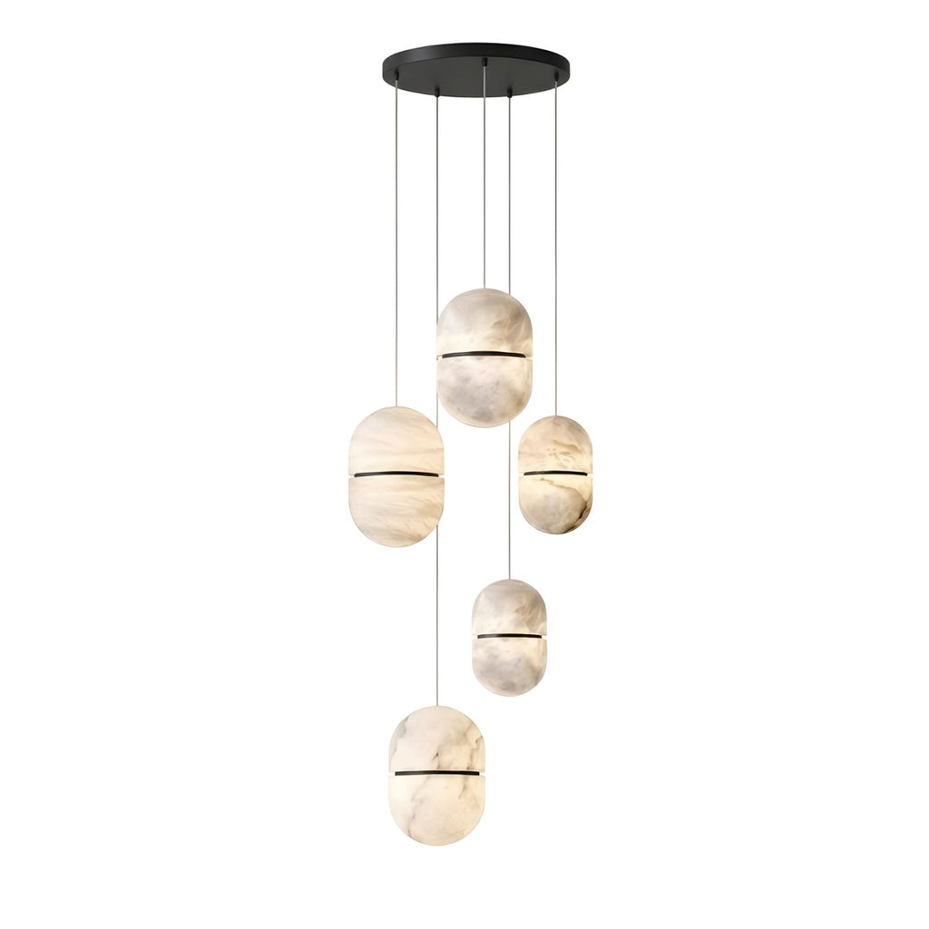 A Clérachic alabaster cluster of five pendants with dark bands, hung from a small black canopy on a white backdrop.