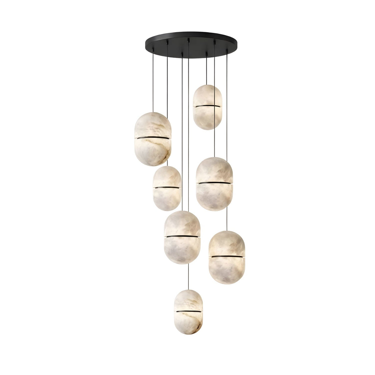 A cluster of seven Clérachic alabaster pendants with dark bands, hung from a black round canopy on white.