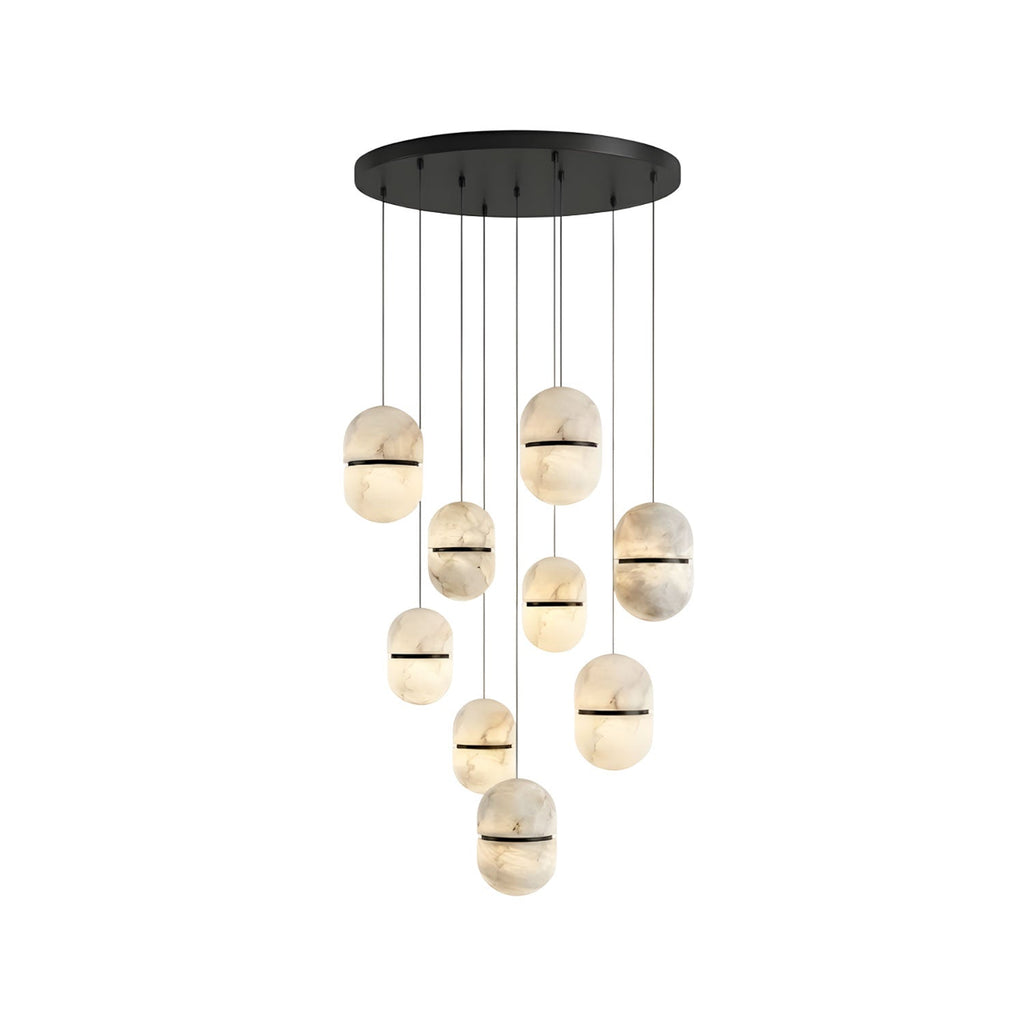 A nine-head Clérachic alabaster cluster with dark bands, hung from a wide black round canopy on a white backdrop.