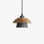 Grey-shaded Clérachic pendant with a layered wood top, seen straight on against a pale backdrop.