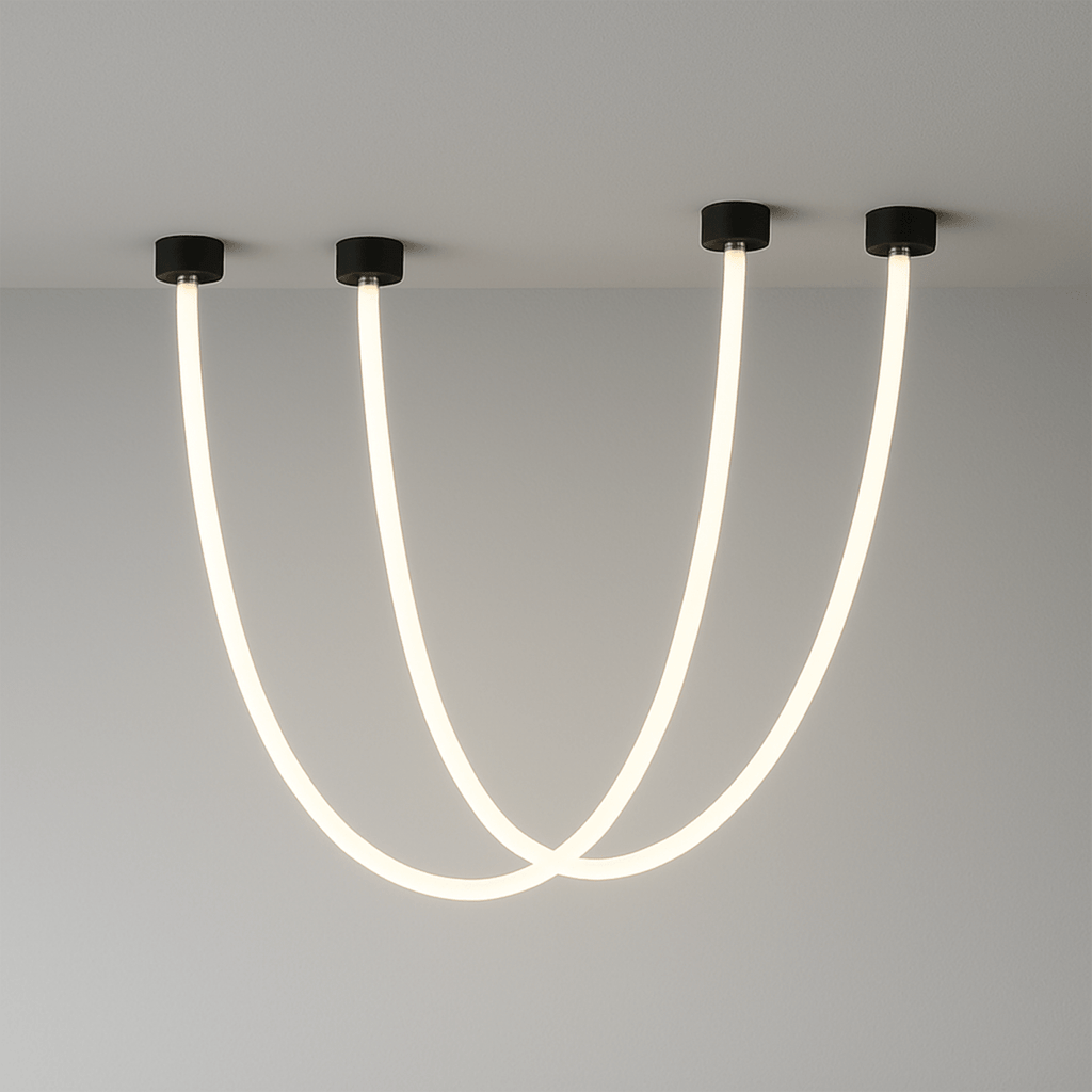 Clérachic black-capped flexible LED chandelier loops in two glowing white arcs from a plaster ceiling corner.