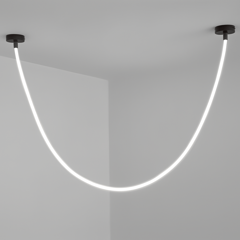 Clérachic black-capped flexible LED chandelier drops in one glowing white loop against a plain grey corner.