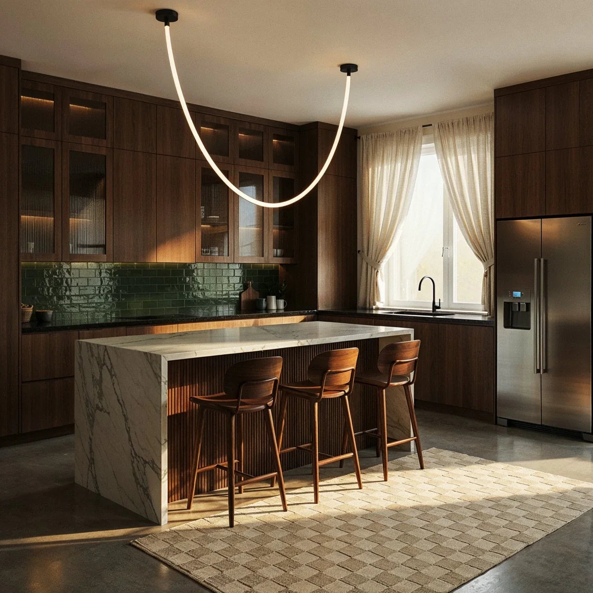 Clérachic black-capped flexible LED chandelier glows in a single loop above a dark kitchen island with green tile.