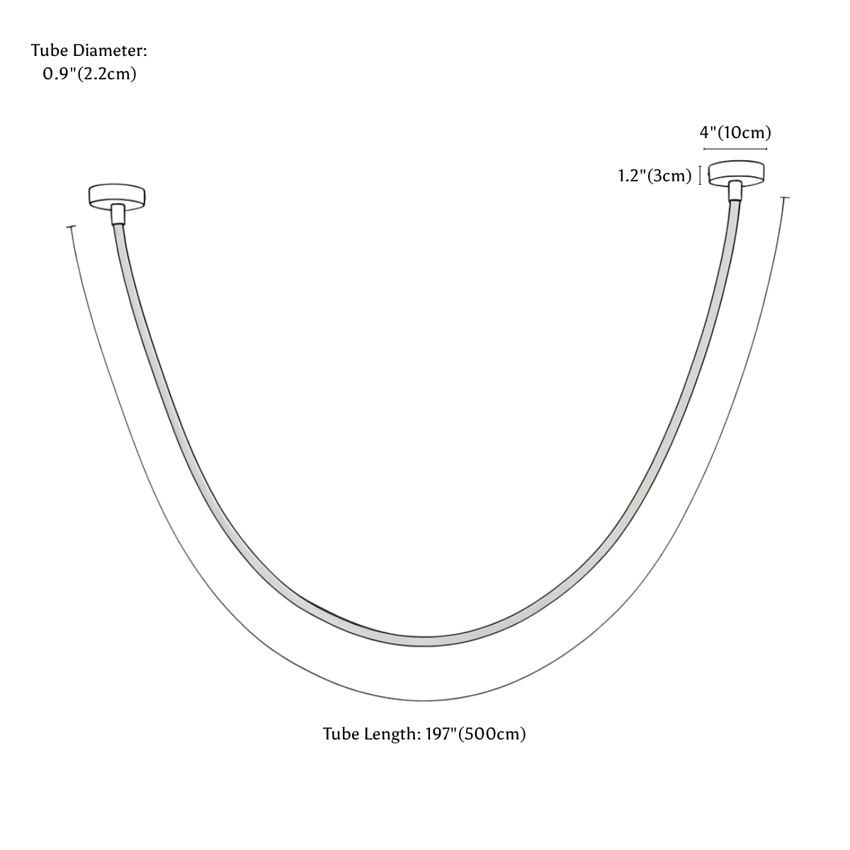 Clérachic ceiling light dimension drawing, 197 500 cm, every measurement marked in centimetres and inches.