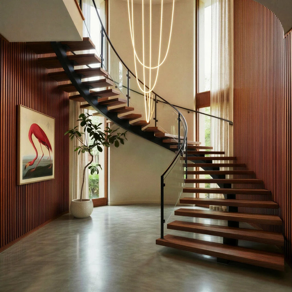 Clérachic gold-capped flexible LED chandelier cascades in multiple loops above a curved staircase and framed art.