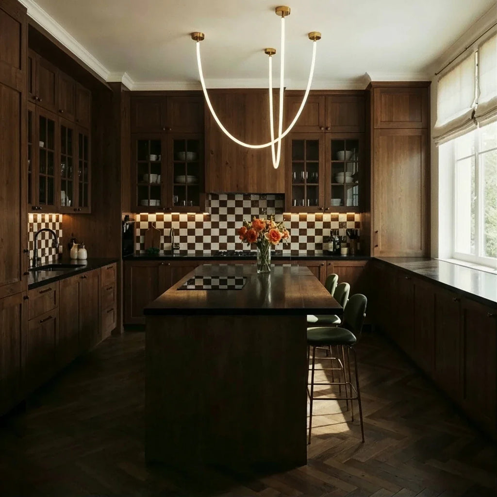 Clérachic gold-capped flexible LED chandelier arcs in three loops above a kitchen island with checkerboard tile.