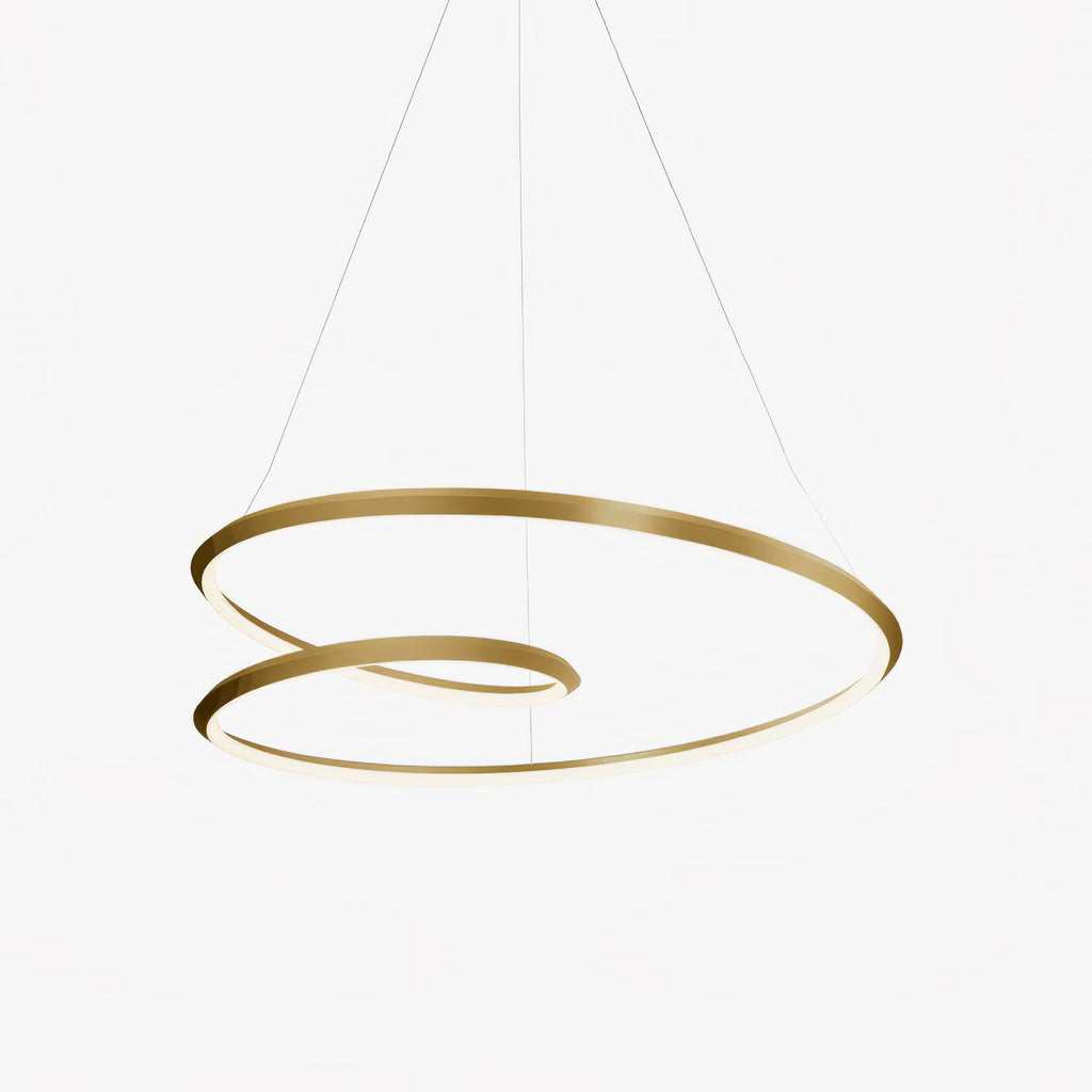 Gold spiral ring pendant from Clérachic, two nested loops of brushed metal with a soft glow, on two fine suspension wires.