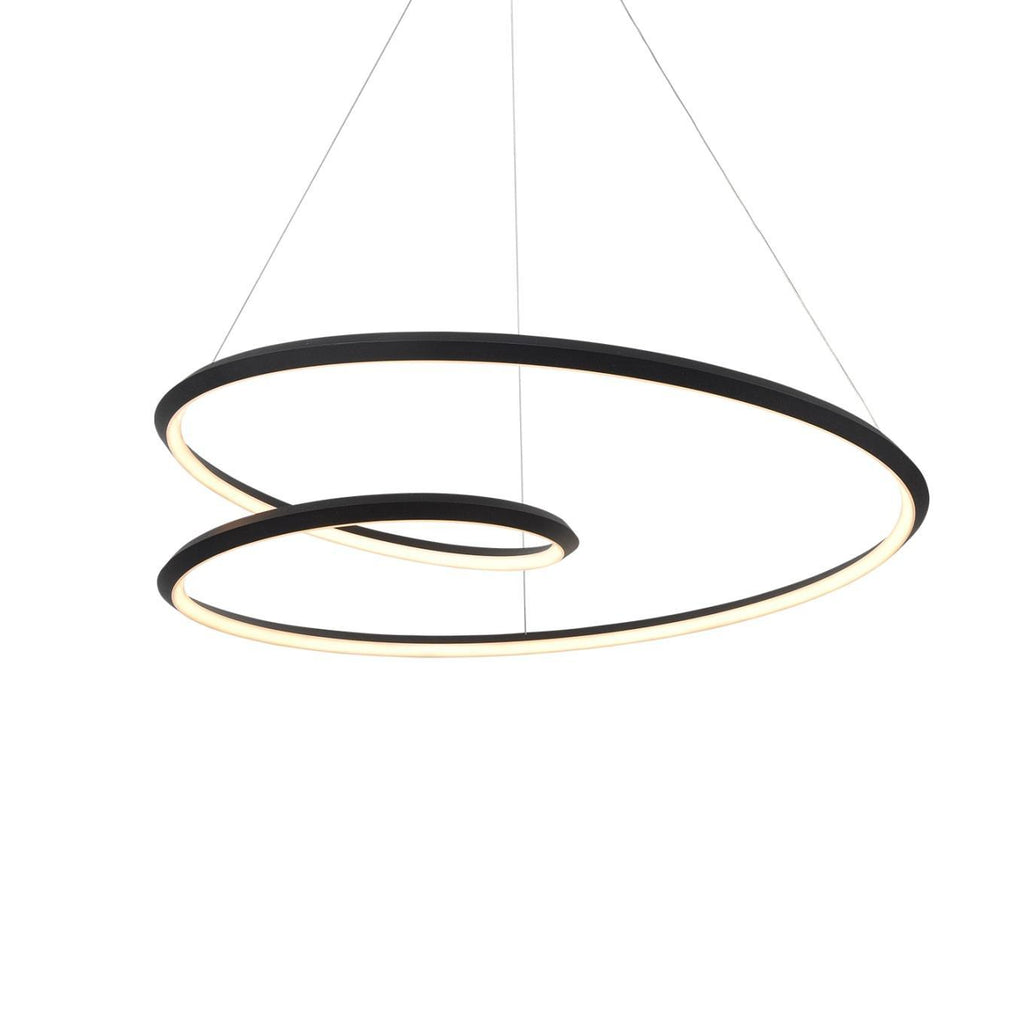 Black spiral ring chandelier from Clérachic on a plain white backdrop, with a warm glow on the inside edge of the loops.