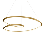 Gold spiral ring chandelier from Clérachic on a plain white backdrop, the two loops lit warm along their inner edge.