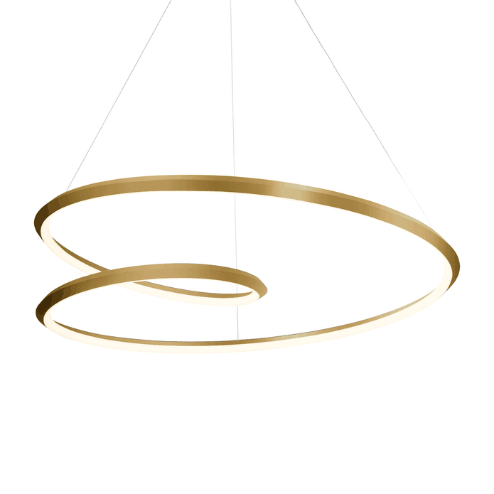 Gold spiral ring chandelier from Clérachic on a plain white backdrop, the two loops lit warm along their inner edge.