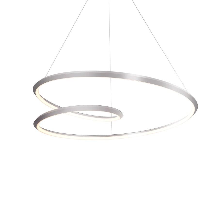 Silver-toned spiral ring chandelier from Clérachic on a plain white backdrop, hung on thin wires, with a soft glow along its inner edge.