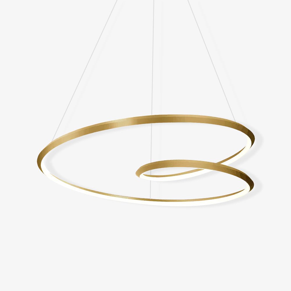 Gold twin-ring chandelier from Clérachic on a pale backdrop, seen from below with the smaller loop nested in the larger.