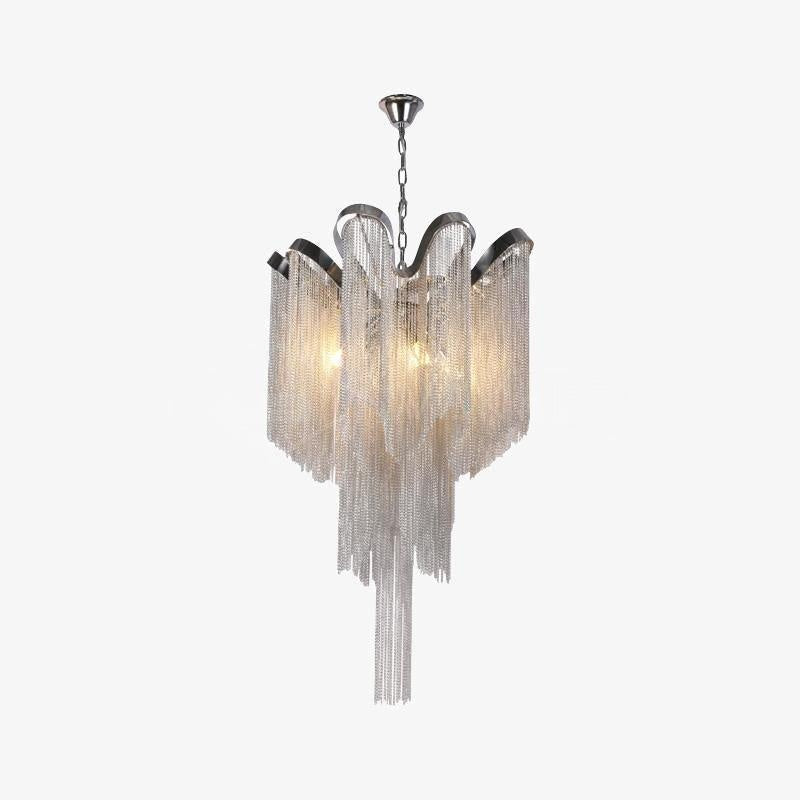 Unlit and tiered, this silver Clérachic chandelier is shown against a plain white backdrop.