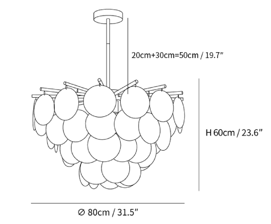 Dimension drawing of this Clérachic chandelier, with its height, width and drop rod length marked.